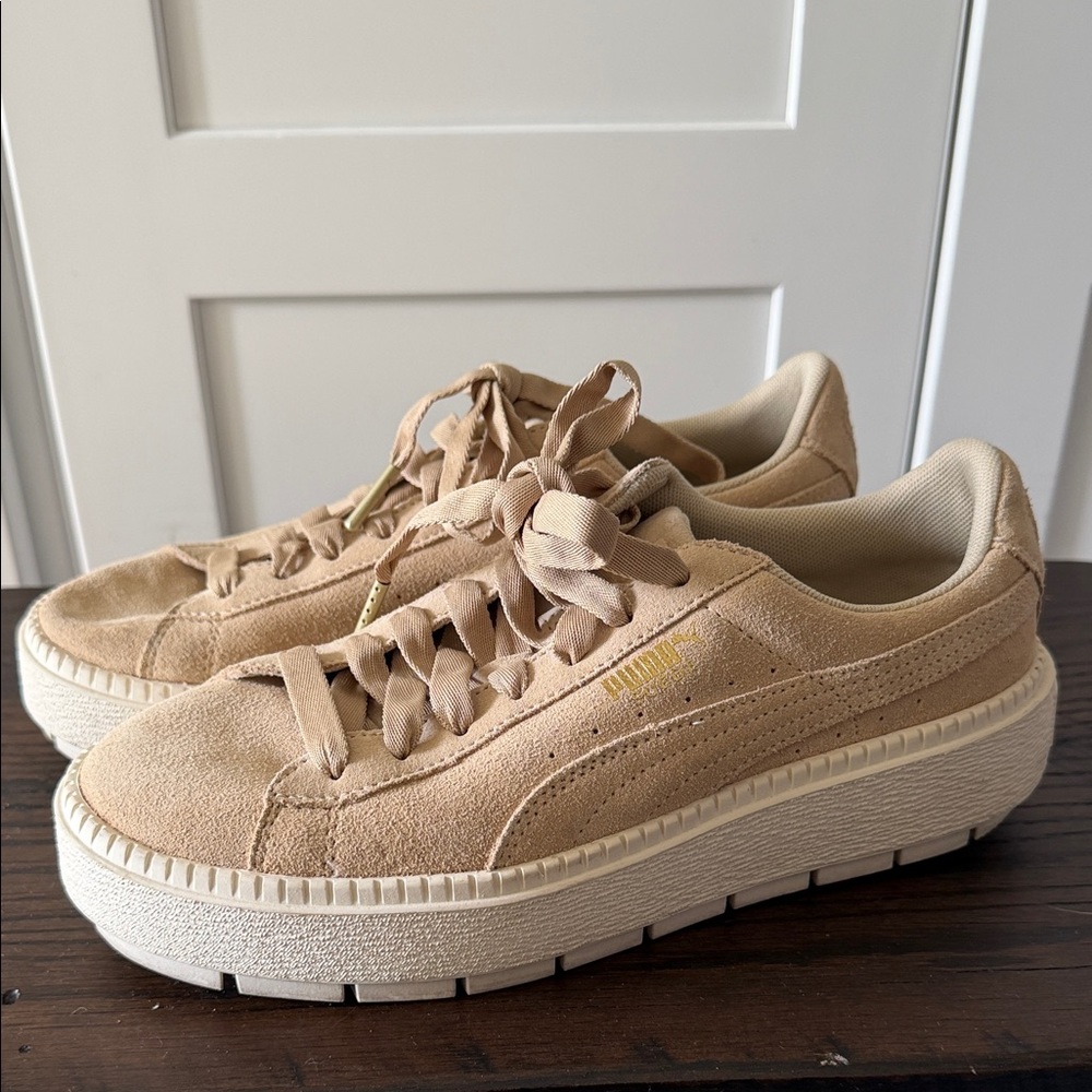 Puma Women's Beige Suede Platform Sneakers
